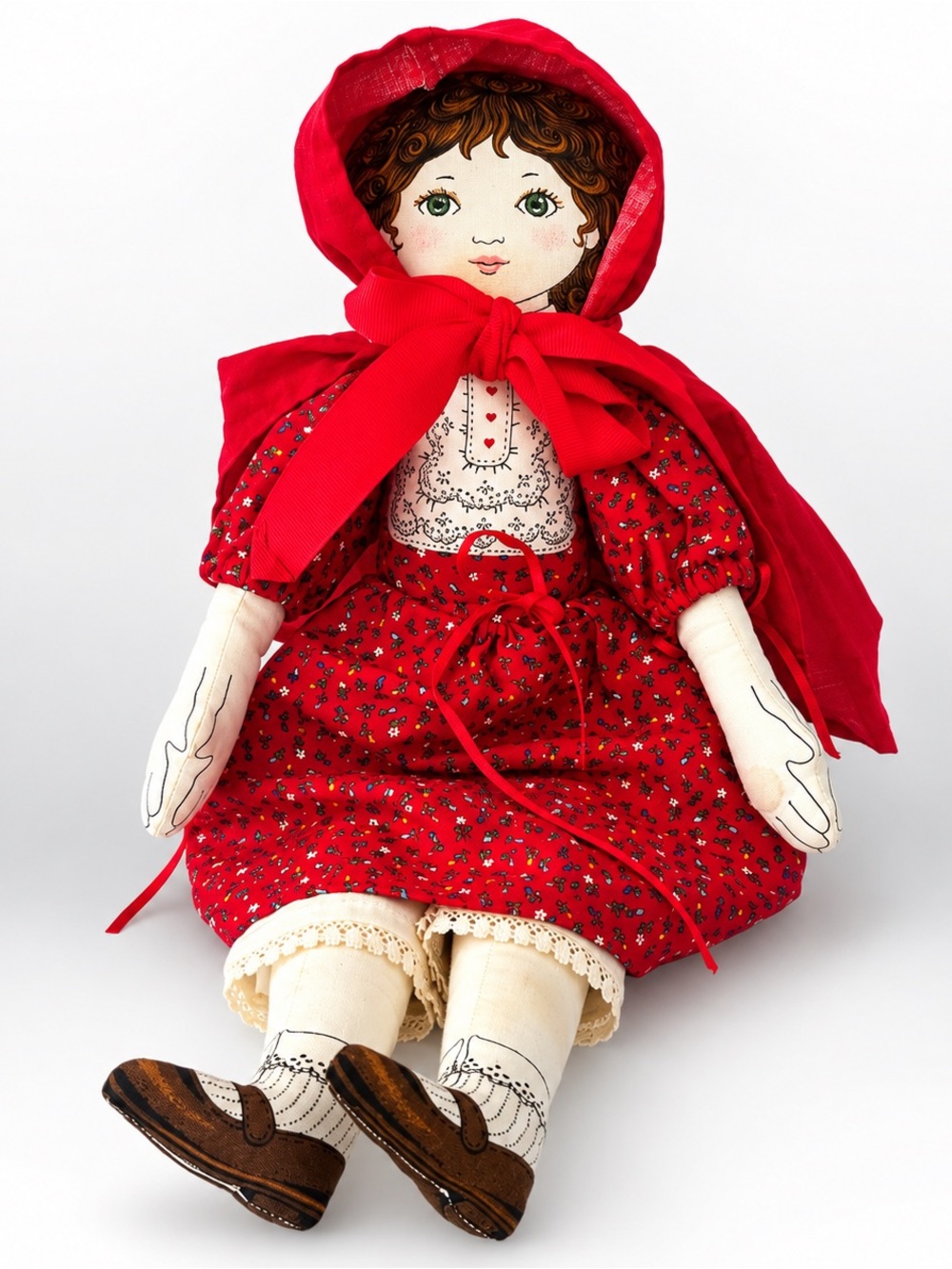 Vintage Handmade Little Red Riding Hood Cloth Doll Red Cape Floral Dress